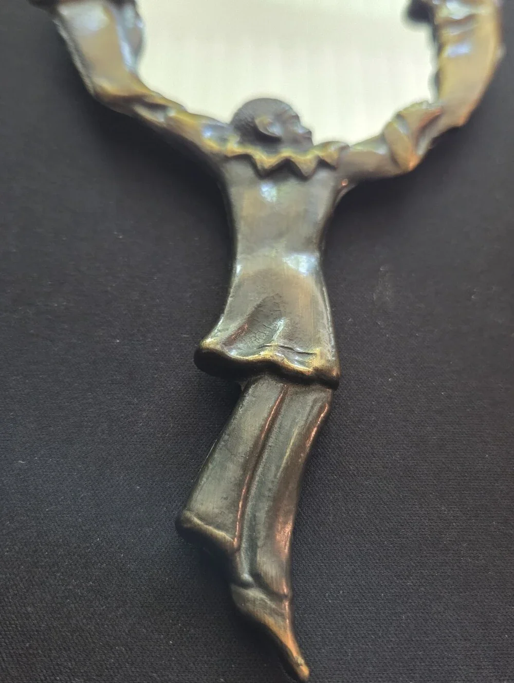Vintage Art Nouveau Bronze Pierrot Clown Hand Mirror